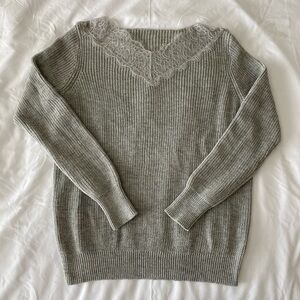 Grey Ribbed Sweater With Lace Neckline Detail